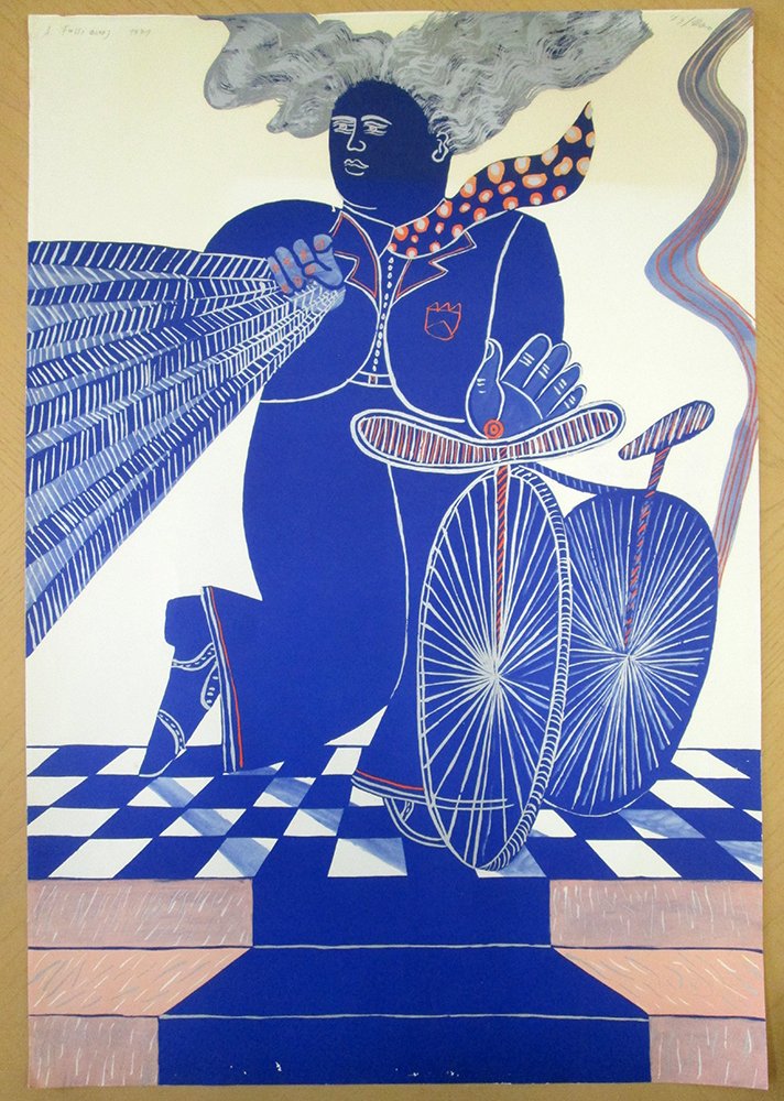 ALECOS FASSIANOS SIGNED LITHOGRAPH: Alexandre "Alecos" Fassianos (Greek b.1935) Signed and dated top left, #'d 79/200 top right. Some yellowing to paper & losses to bottom. Measures 37 1/4" x 25 5/8" unframed.