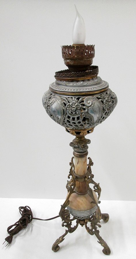 VICTORIAN LAMP: Alabaster and gilt metal design. 24 1/2" tall.