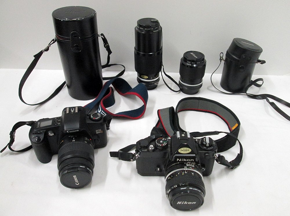 NIKON & CANON CAMERAS W/ LENSES: Nikon FE camera with 80~200mm lens, 43~86mm lens, & 52mm lens. Canon EOS rebel with 52mm lens.