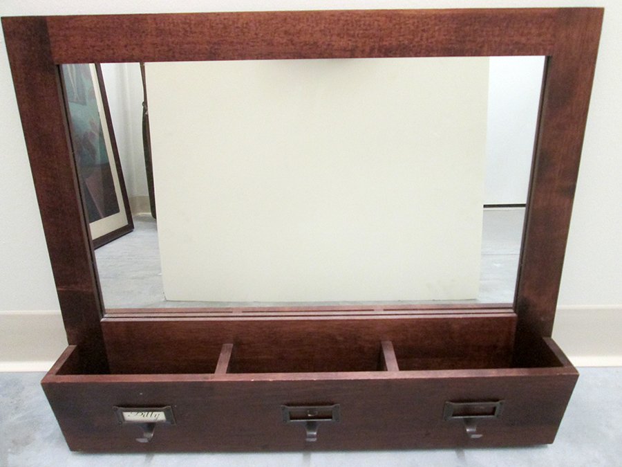 VINTAGE MAIL SORTER WITH MIRROR: Wall hanging three compartment mail sorter with mirror & key hooks. 23" wide 19" tall.
