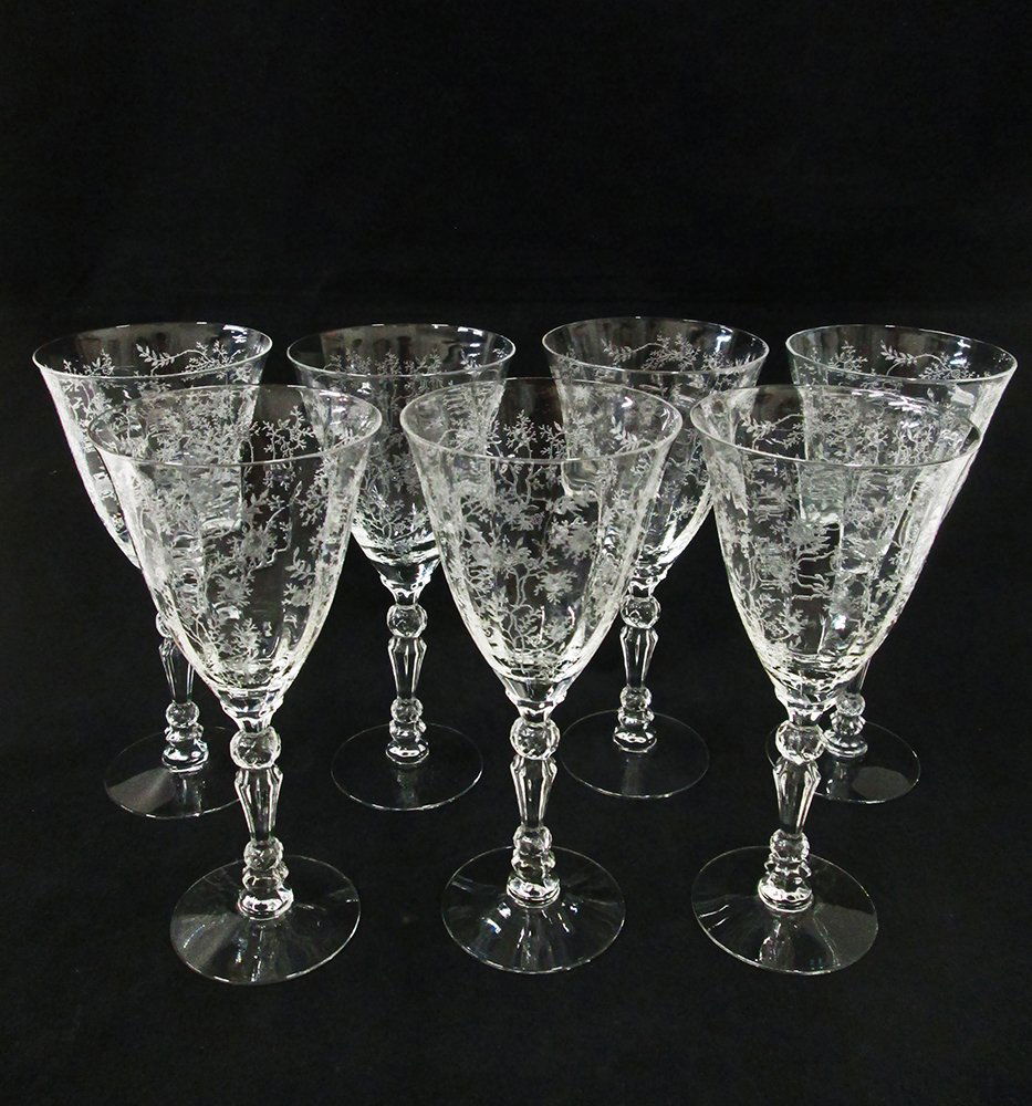 (7) ANTIQUE ETCHED WINE GLASSES