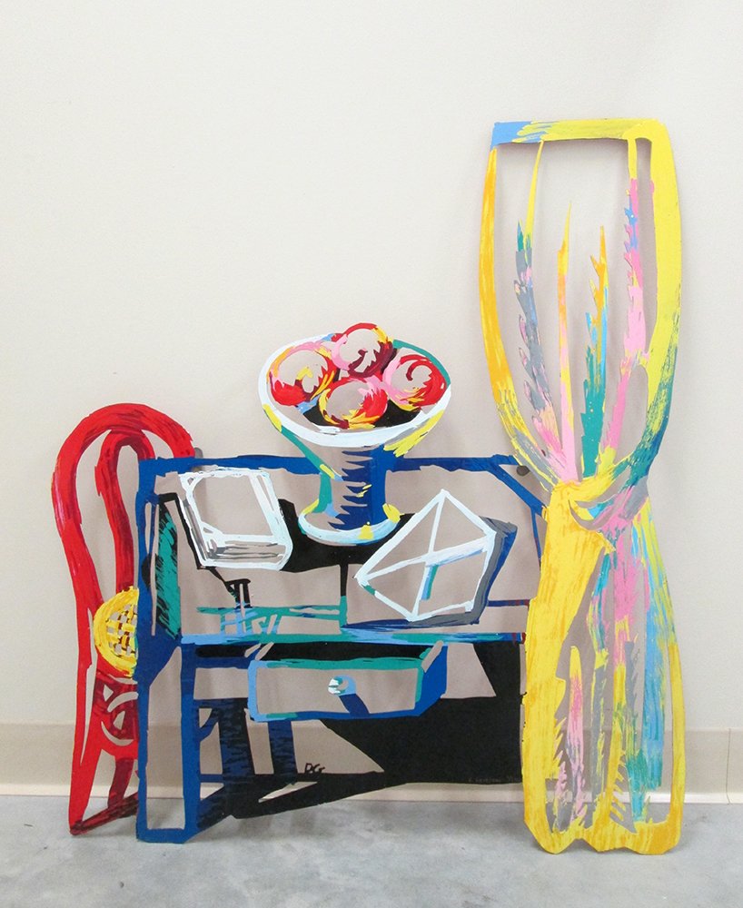 DAVID GERSTEIN METAL POP ART SCULPTURE: David Gerstein (b. 1944) Painted pop art metal sculpture of a table, basket of fruit, and curtain. Signed D Gerstein lower right and numbered 6/295. Measures 35" tall 30" wide.