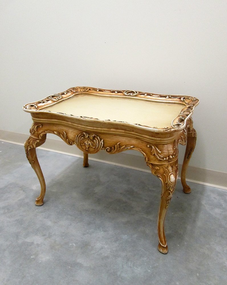 CARVED WOOD SIDE TABLE WITH TRAY TOP: Detailed wood table with removable glass & wood tray top. 21" tall 28" x 20" wide.