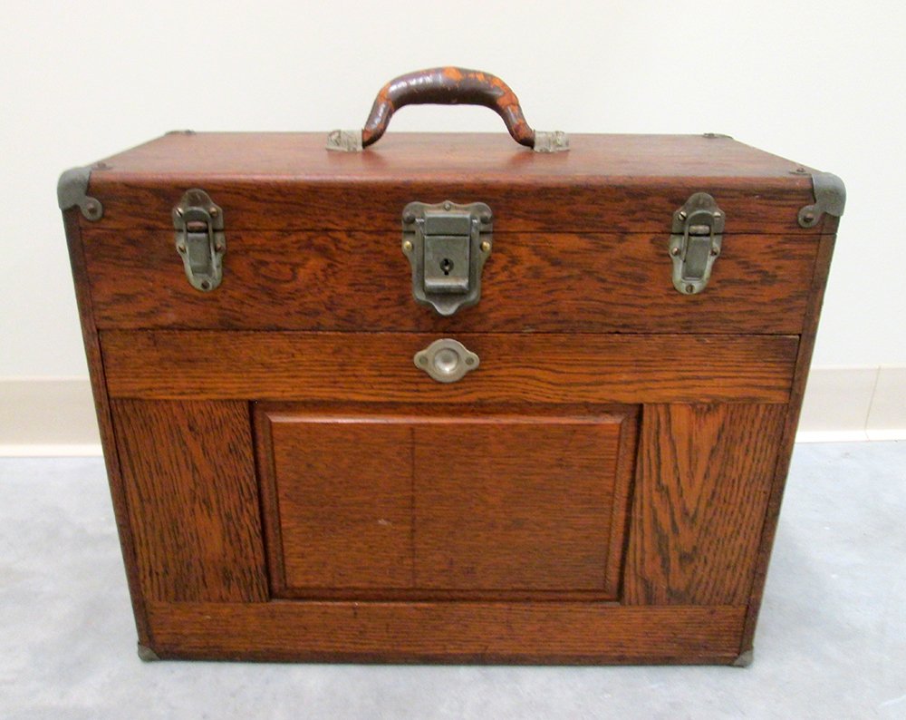 ENGINEERS OAK TOOL BOX GERSTNER & SON: Antique tool box made by Gerstner & Sons. Comes with a variety of tools. Box unlatches to reveal drawers. Box measures 15 1/2" tall 20" x 9 1/2" wide.