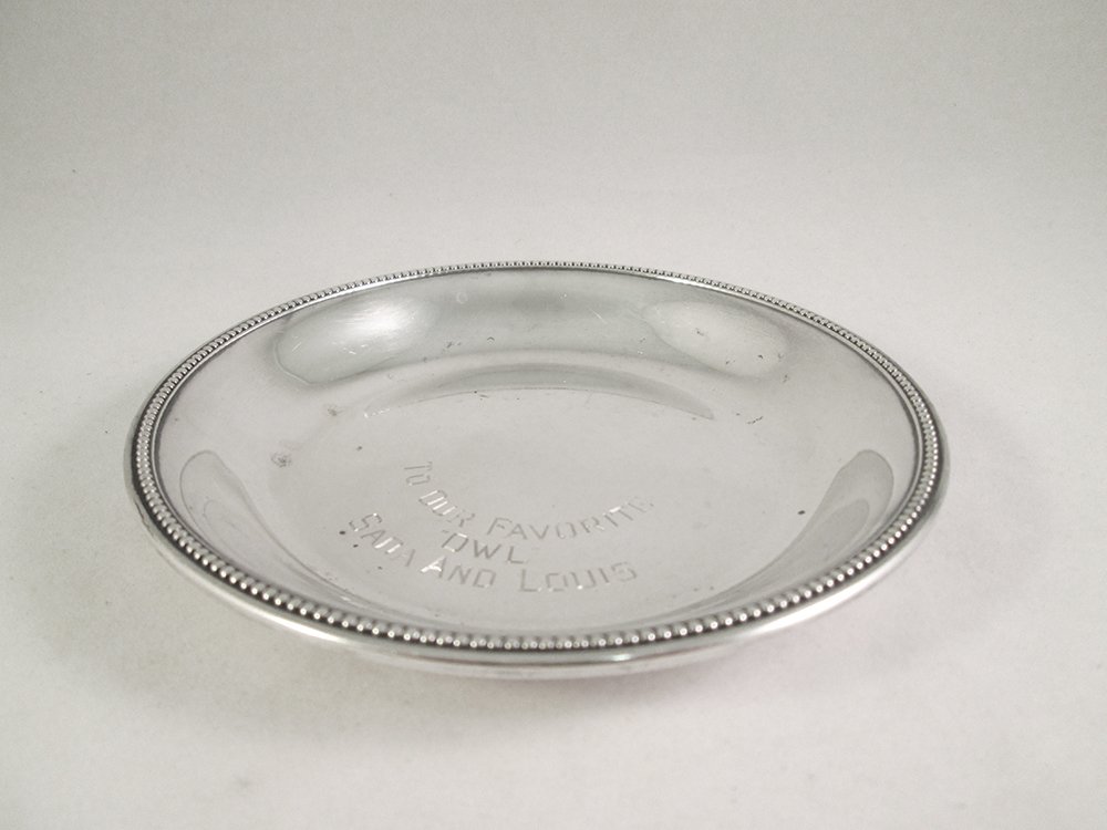 VINTAGE TIFFANY & CO MAKERS STERLING DISH: 5" wide Tiffany & Co Makers sterling silver dish or coaster. Engraved on top. Weighs 3.86 OZT (120 grams).