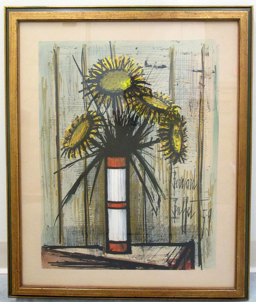 BERNARD BUFFET LITHOGRAPH: Bernard Buffet sunflower lithograph numbered 286/300 on Arches paper. Plate measures 23" x 17 1/2" - 30" x 25" with frame.