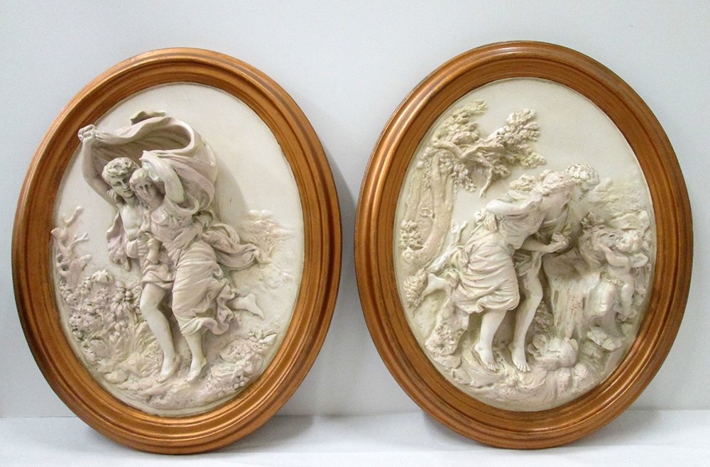 (2) HIGH RELIEF BISQUE PLAQUES: After Pierre Auguste The Storm and other unknown. Measures 16" x 13 1/4" with frame.