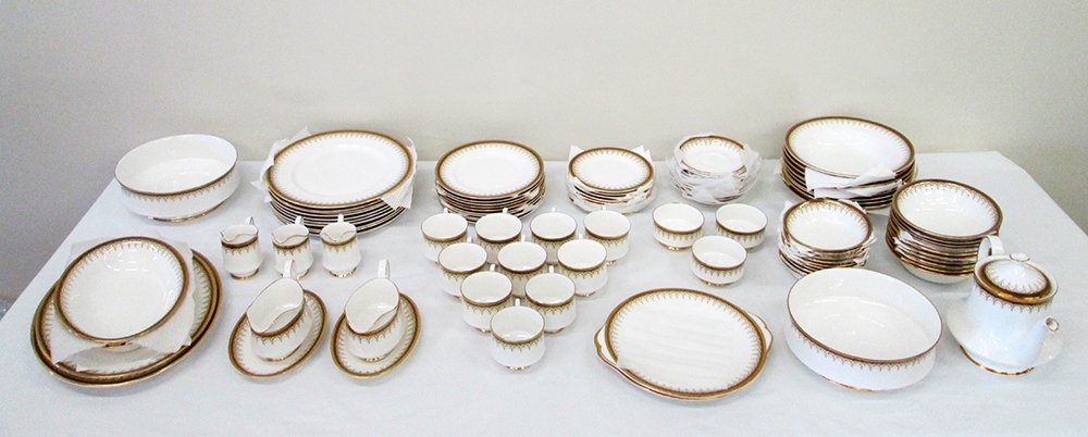 PARAGON ATHENA SERVICE FOR 10 CHINA SET: Paragon china set in the Athena pattern, very elegant design with gold trim. Set includes 10 of the following: Teacups & saucers, 10 1/2" dinner plates, 8" plates, 6 1/4" plates, 9 1/4" bowls, 5 1/2" 