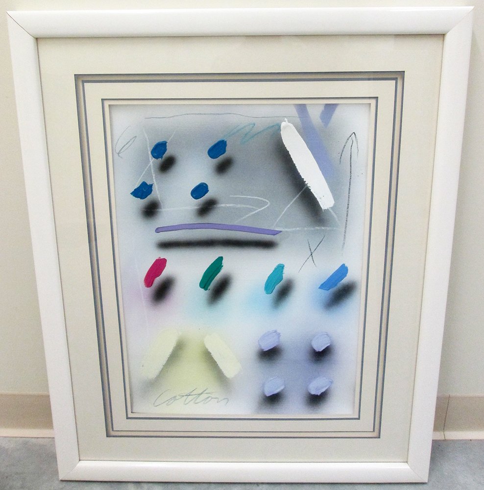 WILL COTTON MIXED MEDIA ABSTRACT PAINTING: William Cotton (American b.1965) Mixed Media acrylic on paper "Illusionary Abstract" painting. Signed Cotton. Measures 21 1/2" x 15 1/2" in frame and 32" x 26" with frame.