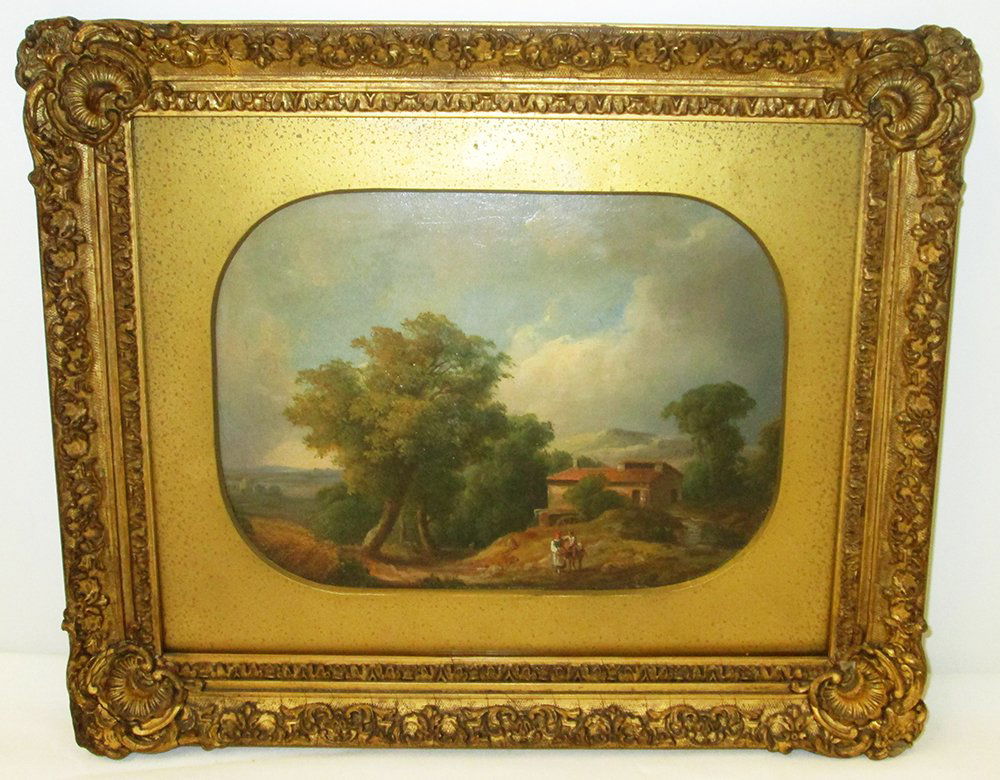 ATTRIBUTED TO KARL MARKO PAINTING: Oil on board painting attributed to Karl Marko (Hungarian 1822-1891). Painting is a valley scene with people and cottage. Back of frame is written Marko Carlo Ungherese. Measures 8 1/4" x 6" in frame.