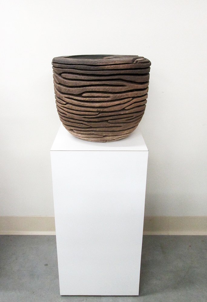 ROB SIEMINSKI ART POTTERY VASE: Robert Sieminski (American b.1953) Slab built, hand tooled, and wood fired clay pottery. Sieminski is featured in several museum collections across the United States. Measures 10 1/2" Tall 11" x 13" w