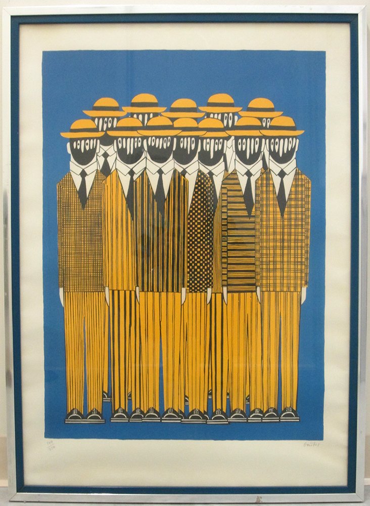 YANNIS GAITIS SIGNED LITHOGRAPH: Yannis Gaitis (Greek 1923-1984) Color lithograph titled "Dirty Dozen" signed lower right and numbered 149/250 lower left. Plate measures 28" x 20" lithograph with frame measures 36" x 26." Not examine