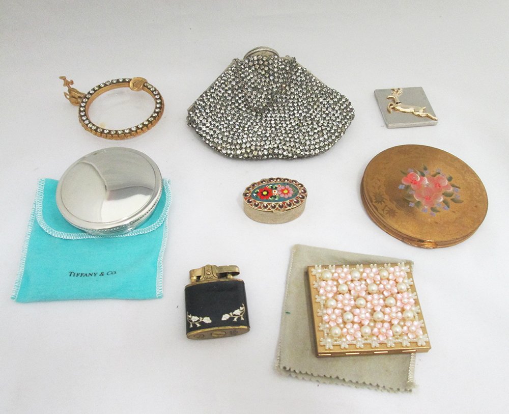 VINTAGE COMPACTS, PURSE & MORE: Tiffany Pewter Box, Wisner of Miami, Columbia of Fifth Avenue, Supreme Lighter.