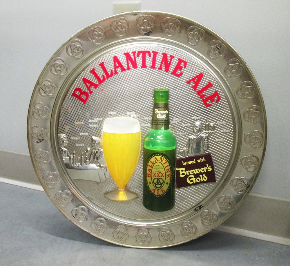 VINTAGE BALLANTINE ALE BEER SIGN: Round Ballantine beer signe with light up glass of beer & bottle. 18 1/2" wide.