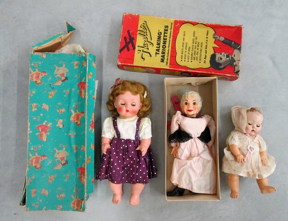 EFFANBEE DY DEE DOLL, JOLLY DOLL & MARIONETTE DOLL: Hazelle's Marionette #403 Polly Prima Dona in original box, Effanbee Dy-Dee Composition Doll, Jolly Toys Doll in original box.