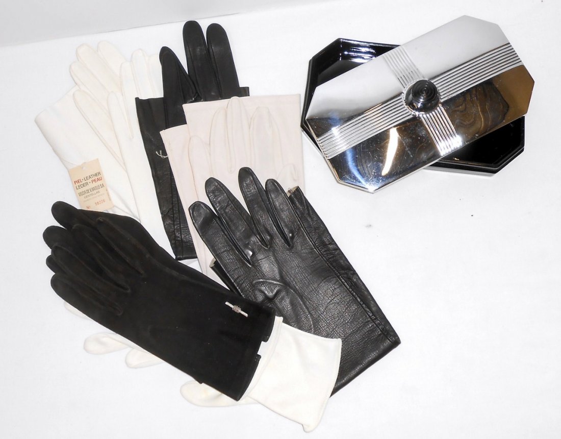 ART DECO VANITY BOX & VINTAGE GLOVES: Glass glass & chrome vanity box and vintage leather gloves.