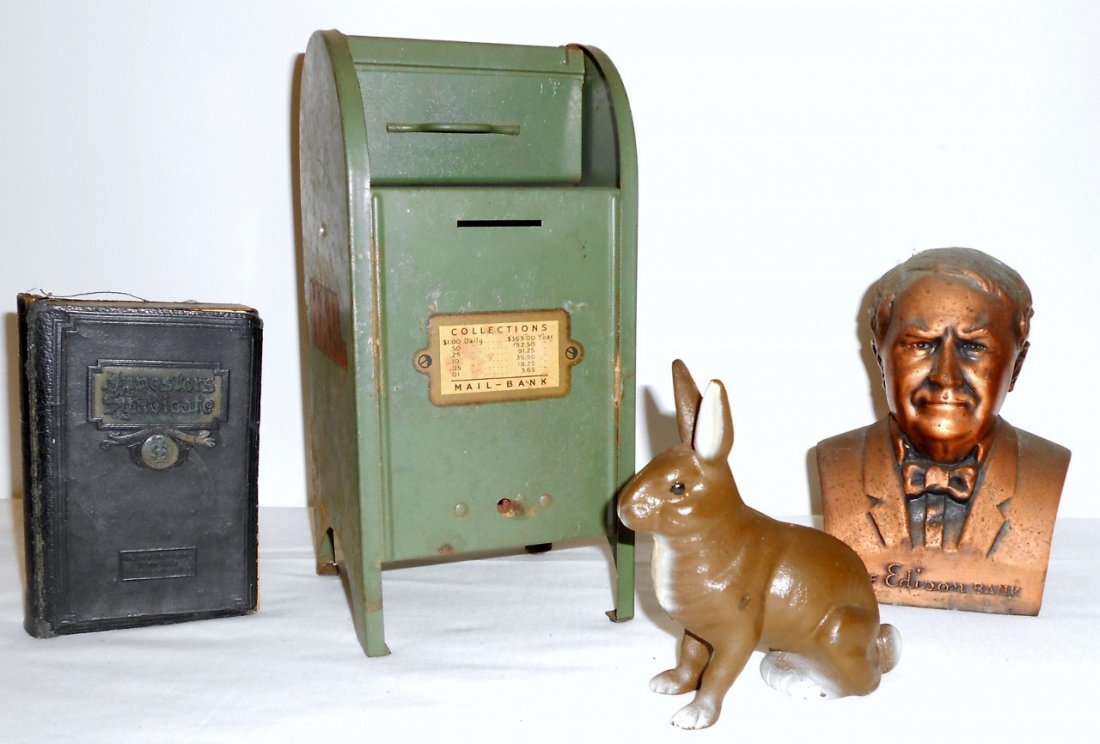 VINTAGE CAST IRON BANKS: Hubley bunny bank, US mail box, The Edison bank, and Bank Book Bank.