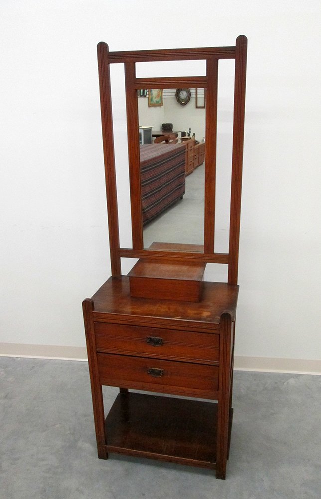 ANTIQUE TALL GENTLEMEN'S DRESSING CHEST W/ MIRROR: Antique solid wood, possibly cherry, dressing or hall tree table with two drawers and mirror. Table has hidden compartment. Measures 72 1/4" tall 24 3/4" x 15 1/4" wide.