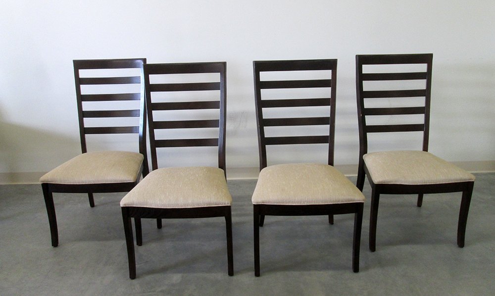 (4) DINING ROOM CHAIRS: Four ladderback dining room chairs. Some light wear. 40 1/4" tall 21" wide.