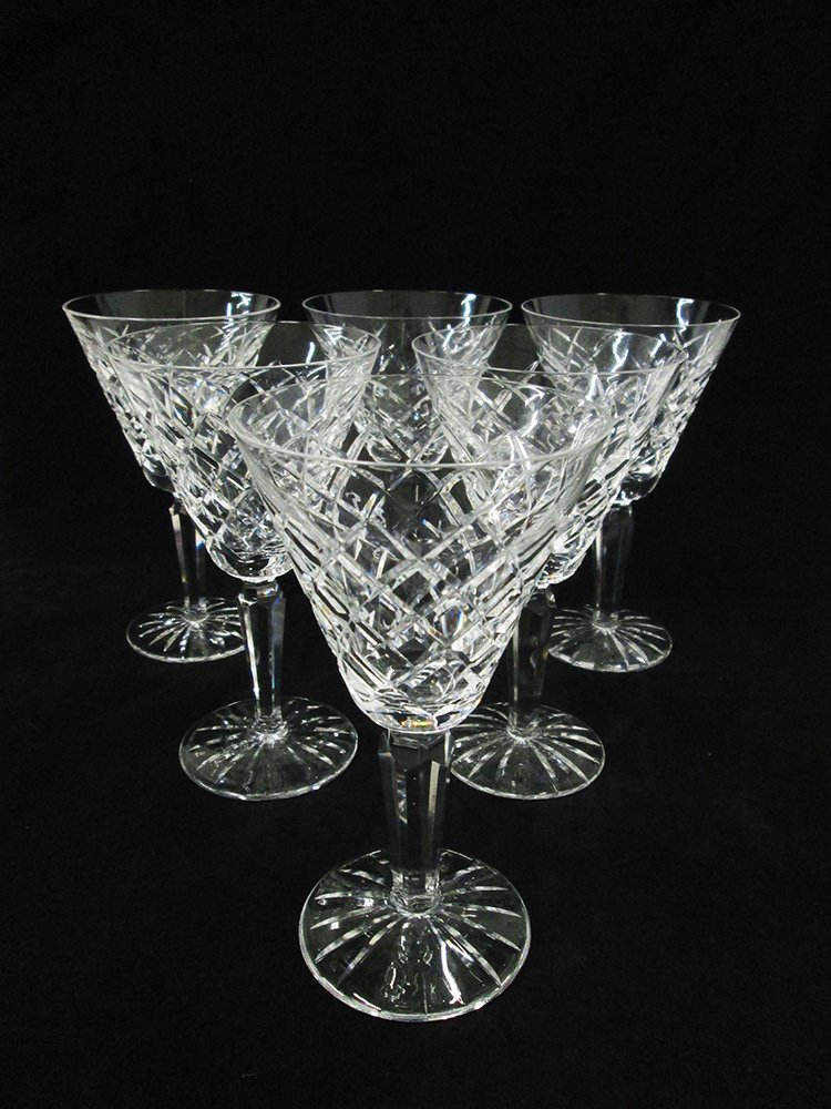 (6) WATERFORD CRYSTAL TYRONE GLASSES: Waterford Crystal Tyrone pattern. 7" Tall. Two with one small rim chip.