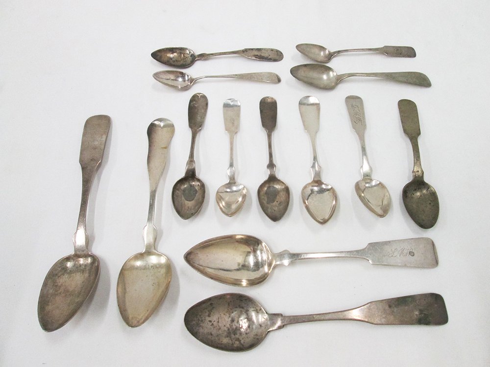 ANTIQUE COIN SILVER SPOON COLLECTION: Large collection of coin silver fiddle back spoons. Marks include A. Reede, Harris & Wilcox, J. Boyden, Seth E. Brown, Stoddard, J Moulton, E L Preston, & more. Total weight of 10.54 OZT.