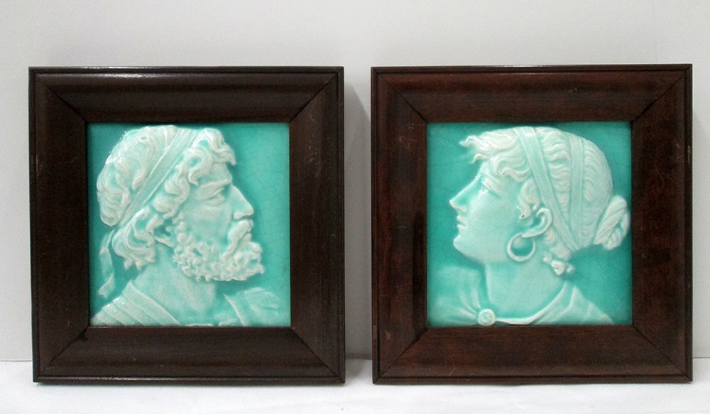 19TH CENTURY MAJOLICA PORTRAIT PLAQUES: Two green glazed majolica plaques of Zeus & Athena. Plaques 5 1/2" x 5 1/2" in frame and 8 1/2" x 8 1/2" with frames. Possibly Minton.