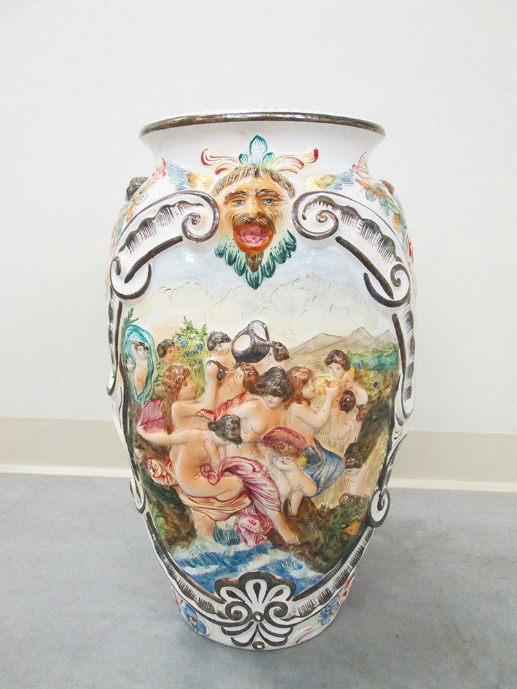 LARGE CAPODIMONTE VASE: Colorful, tall Capodimonte vase with figural cherub & flower design. 20 1/2" tall.