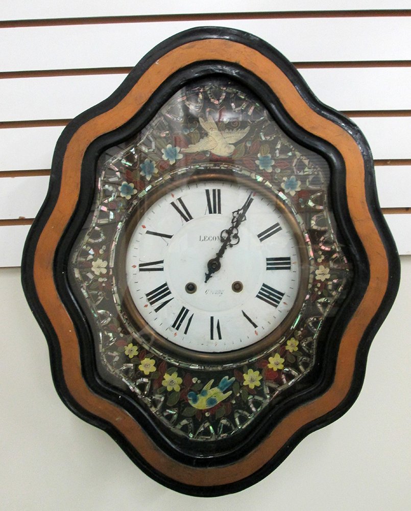 19TH CENTURY FRENCH LECOMPTE CHAUNY WALL CLOCK: Beautiful mother of pearl inlaid design with birds & flowers. Includes key. Front lifts from bottom. Eight day time and strike, Morbier style strikes hour twice (two minutes apart) & half hour. 24 1/2