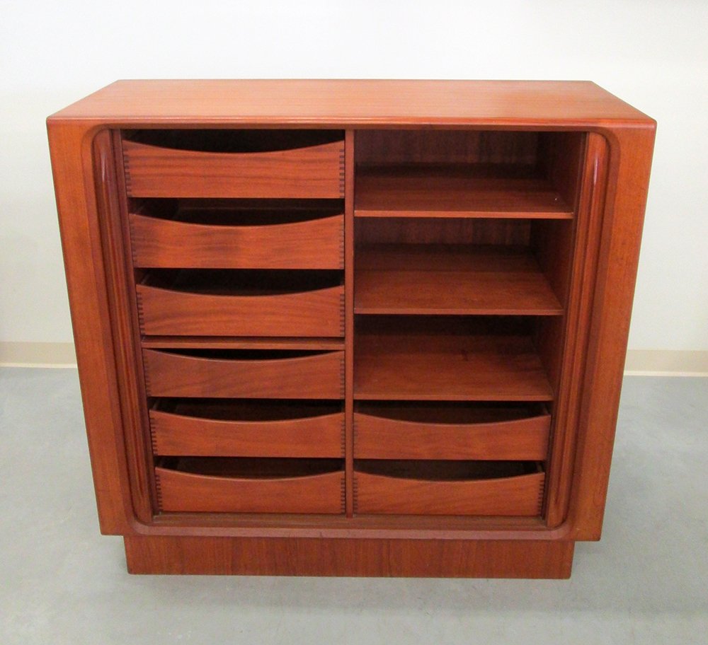 BERNHARD PEDERSEN & SON GENTLEMAN'S CHEST: Danish mid century modern design teak gentleman's chest dresser made by Bernhard Pedersen & Son. Chest has two sliding tambour doors revealing shelves and eight drawers. Measures 45 1/4" tall x 47 1/2