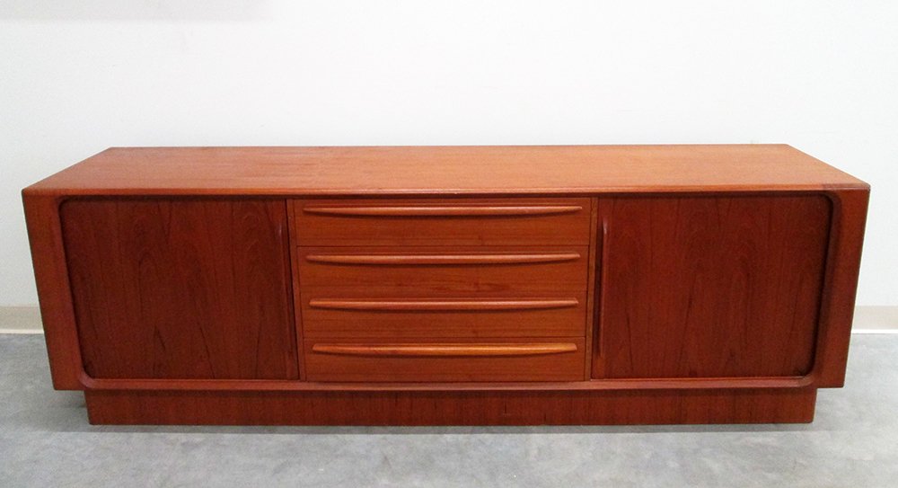 BERNHARD PEDERSEN & SON CREDENZA: Danish mid century modern design teak credenza made by Bernhard Pederson & Son. Credenza has two sliding tambour doors on each side and four drawers in the middle. Multiple uses - dresser, entertainme