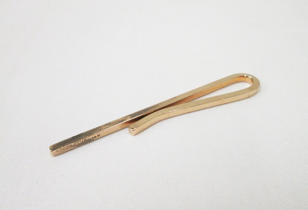14K THE STORK CLUB NEW YORK TIE BAR PATRON GIFT: Truly a one of a kind item, this tie bar was a salesman's sample, hoping but never making it to be one of Sherman Billingsley’s famous gifts given to favorite patrons at The Stork Club. Billingsley 