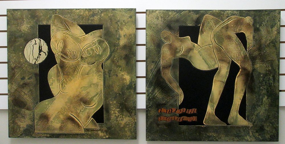 (2) BEV HOULDING PAINTINGS: Pair of Bev Houlding contemporary oil on board paintings. Both signed and measuring 24" x 24" wide.