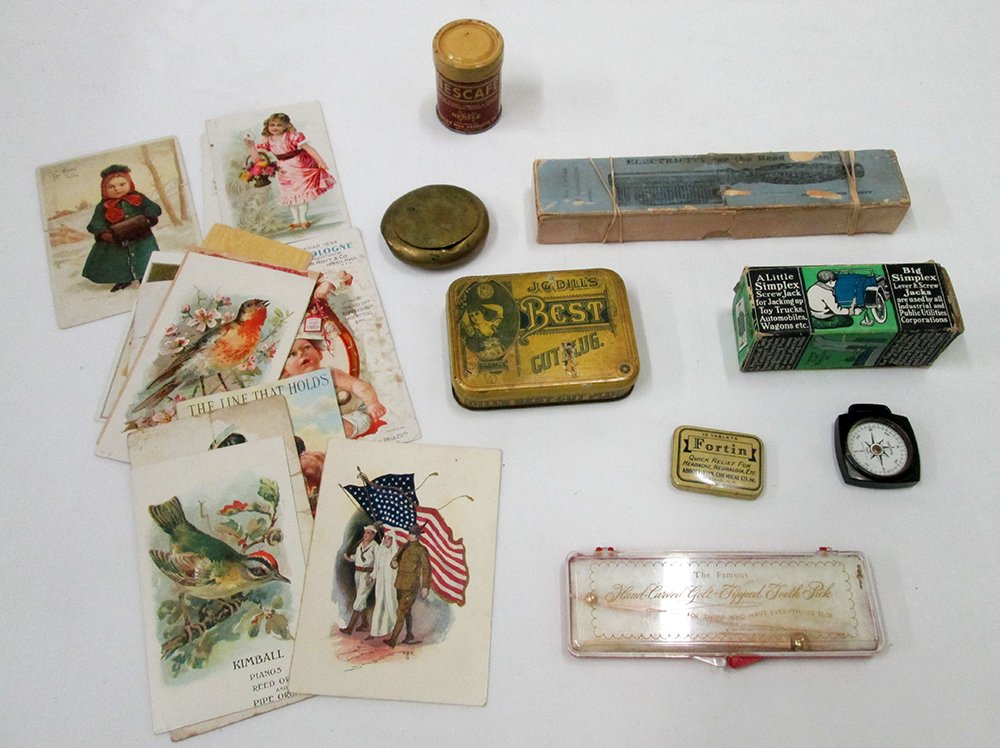 VINTAGE GADGETS & ADVERTISING TINS: Miniature Simplex Jack in the Box by Tenmpleton, Kenly & Co with instructions, Gold tip toothpicks, Brass Ashtray, Advertising tins, J.M. Rileys Electric Comb, Showay Taylor compass and Advertising ca