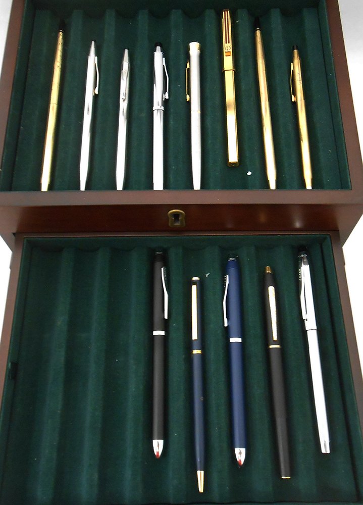 COLLECTION OF CROSS, PARKER, DUNHILL, & MORE PENS: Collection of pens including sterling, gold filled, and stainless pens and pencils. Makers include Dunhill, Parker, Cross, and more. Includes pen presentation wood and glass box.