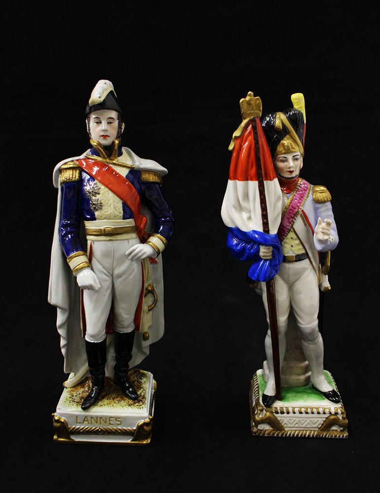 (2) GERMAN FIGURINES: A Scheibe Alsbach German Napoleonic Marshall Lannes figurine and an A J Ufferecht figurine. 9 1/2" tall.