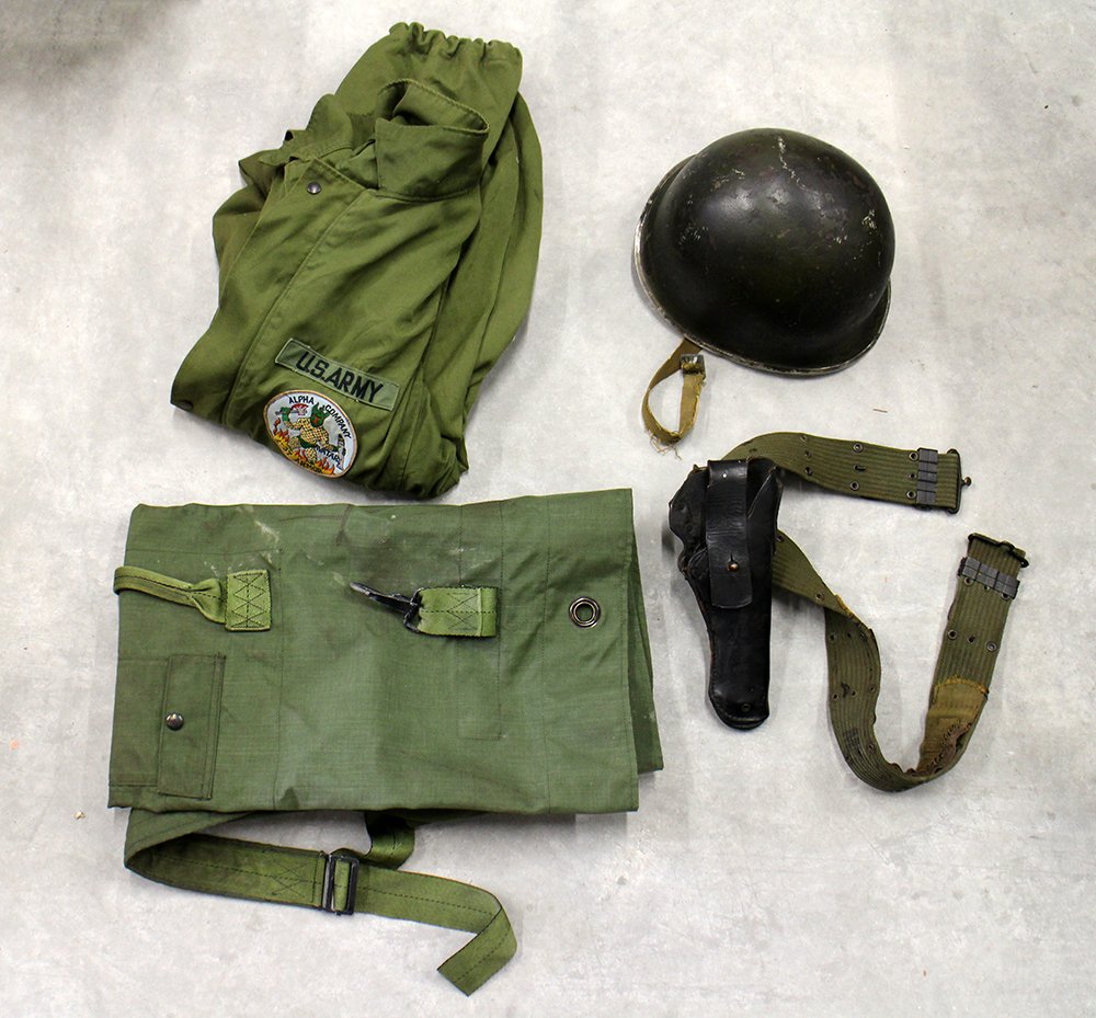 VIETNAM FLIGHT SUIT, HELMET, & MORE: Military collection of Vietnam era flight suit with Alpha Company Avatars 2-37 Armor patch, duffel bag, helmet, and belt with gun holster.