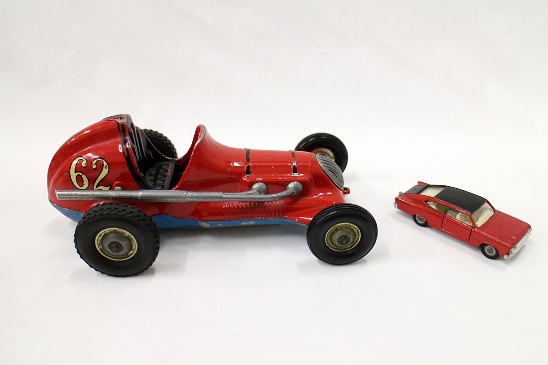 VINTAGE THIMBLE DROME & CORGI CARS: Roy Cox Thimble Drone Car (9 1/2" long) and Corgi Rambler Fastback.