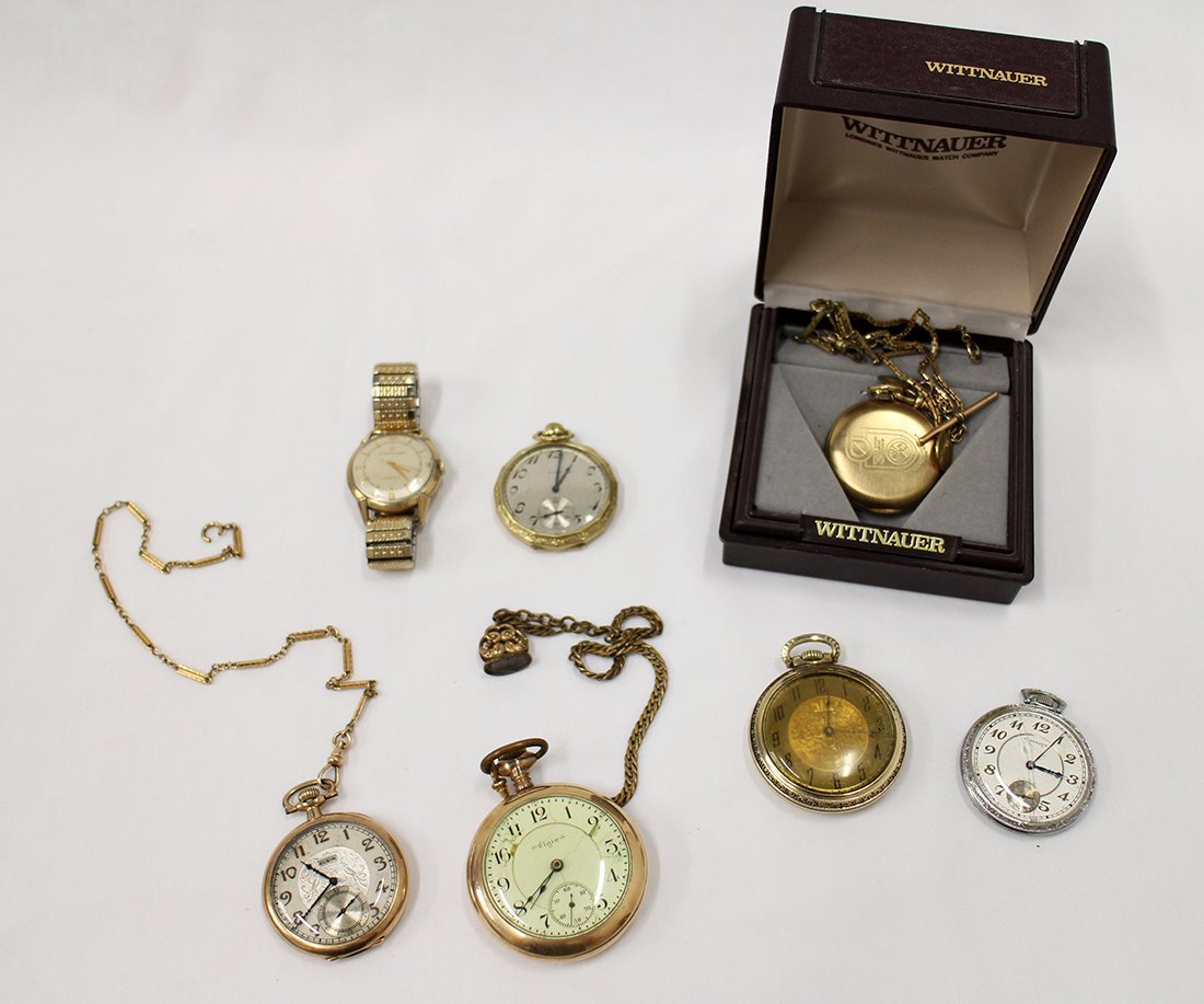 POCKET WATCH COLLECTION: Collection of pocket watches including Waltham, (3) Elgin, Wittnauer, Standard, and a Girard Perregaux wristwatch. Watches have some wear, most aren't working.