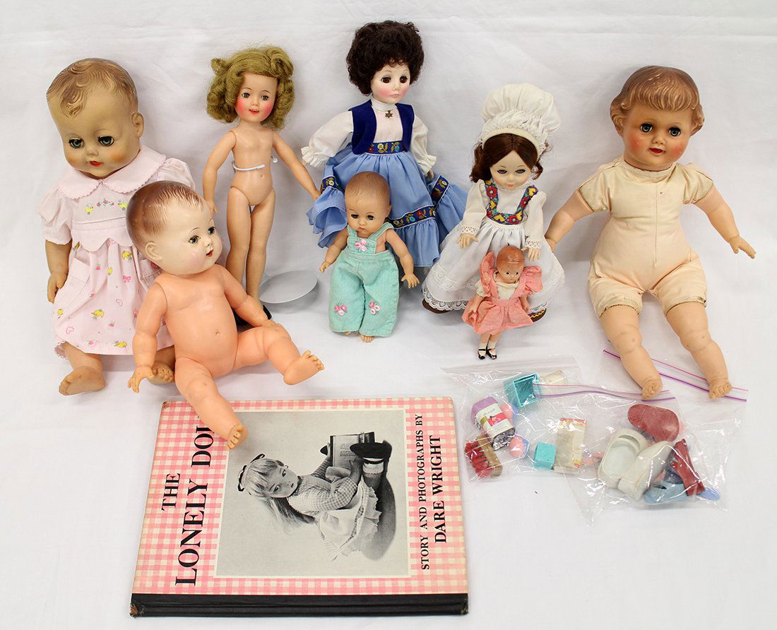 VINTAGE SHIRLEY TEMPLE & MORE DOLLS: Effanbee Wee Patsy (5 1/2"), Tiny Tears, Betsy Wetsy, American Character, 12" Shirley Temple, & more.