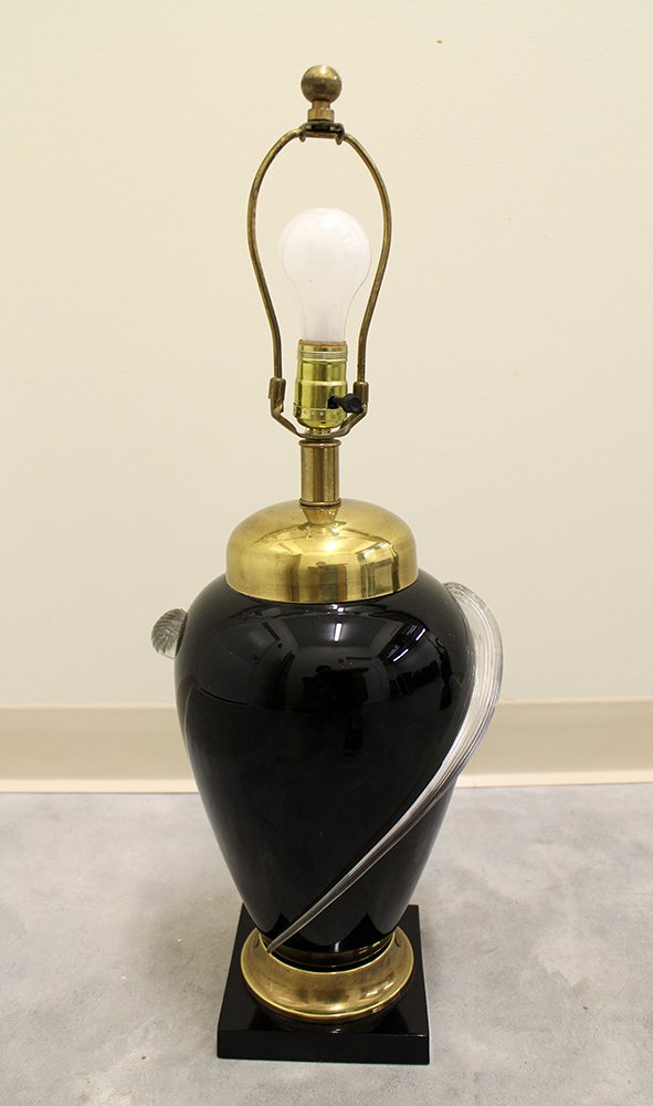 FREDERICK COOPER LAMP: Black with clear glass swirls and gold accents. Lamp measures 26 1/2" tall to top of finial.