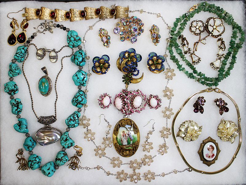 VINTAGE COSTUME JEWELRY: Includes Miriam Haskell, Hollycraft, Trifari, Beau, Sterling, Turquoise, Jade, Victorian hand painted brooch and more.