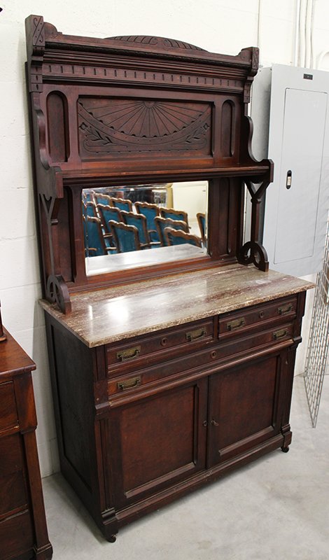 19TH CENTURY SIDEBOARD: 19th century sideboard cabinet with marble top and mirror. Sideboard would make a great modern day liquor cabinet bar. Measures 80 1/2" tall 45 1/2" wide 20 1/2" depth.