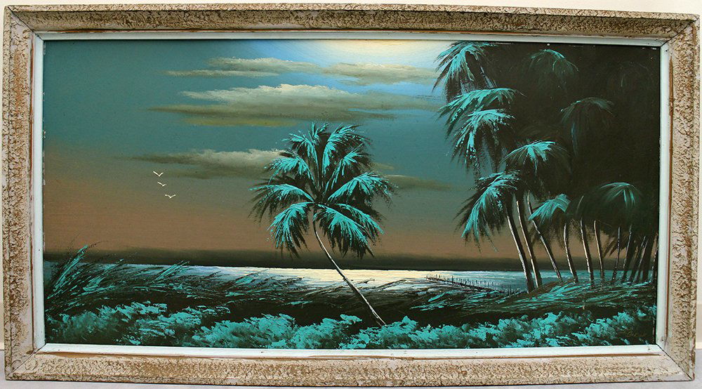 JAMES GIBSON HIGHWAYMEN PAINTING: James Gibson (American 20th century) Florida Highwaymen nighttime scene with moonlit ocean, palm trees, and a dock. Painting measures 48" x 24" on upson and 52" x 27 3/4" with frame. Signed lower righ