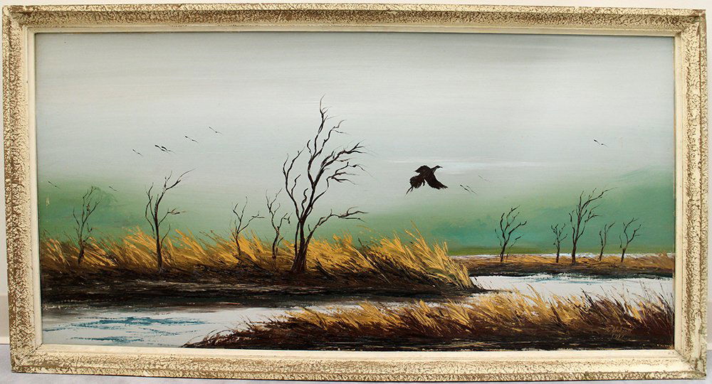 JAMES GIBSON HIGHWAYMEN PAINTING: James Gibson (American 20th century) Florida Highwaymen painting. Painting is signed lower right and dated (77). Painting is 48" x 24" on upson board and 50 1/4" x 26 1/2" with frame.