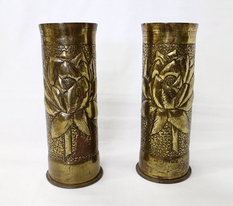 (2) TRENCH ART VASES: Two trench art vases marked Polte June 1915 Magdeburg and Rh M F 24 Aug 1908 Dusseldorf. 9" tall.