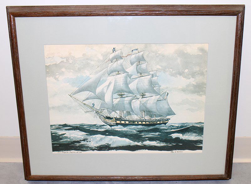 PAUL NORTON MARINE SHIP PRINT: Paul Norton U.S. Frigate Constellation ship print. Measures 27" x 22 1/2" with frame.