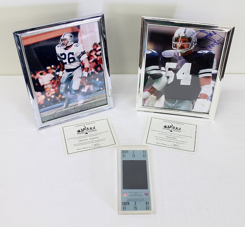 DALLAS COWBOYS AUTOGRAPHS & MORE: Preston Pearson and Randy White autographed Dallas Cowboys photos and a 1991 hologram super bowl ticket.
