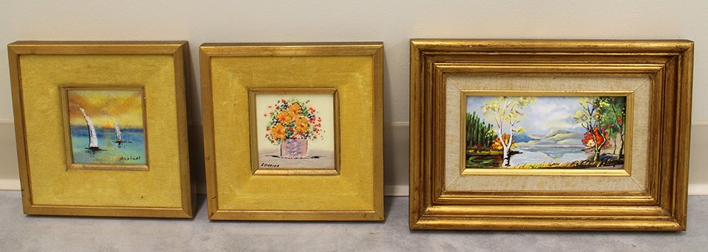 (3) ENAMEL ON COPPER ART WORKS: One signed Esterida 4" x 4", one signed Raphael 4" x 4" and one signed Koopei 7 1/2" x 3 1/2".