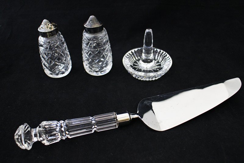 WATERFORD CRYSTAL COLLECTION: Waterford crystal cake server, ring holder, and salt & pepper (wear to tops of shakers).