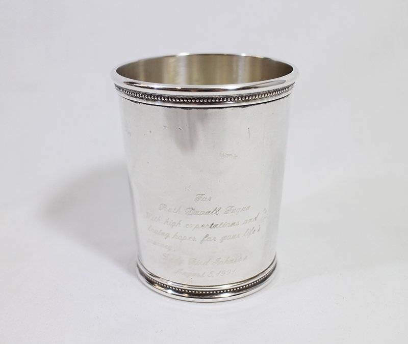 LBJ PRESIDENTIAL STERLING MINT JULEP CUP: Sterling silver mint julep cup crafted by Mark J. Scearce with LBJ (Lyndon B. Johnson) hallmark. This cup was given as a gift from Lady Bird Johnson in 1991. Cup measures 3 3/4" tall and weighs 4.82 O